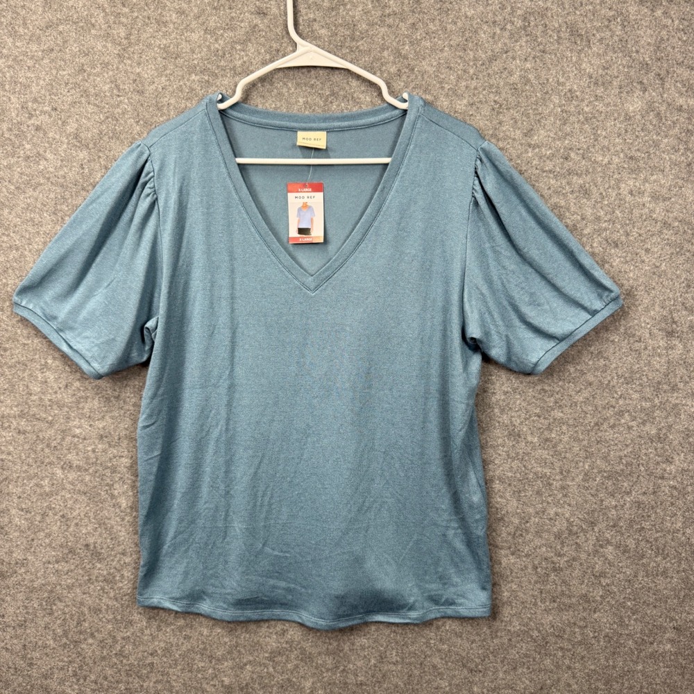 MOD REF Women Blue V-Neck Puff Short Sleeve Knit Top XL NEW